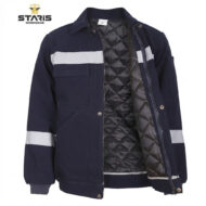 Navy work jacket with light gray reflective stripes on chest and sleeves, zip front, quilted interior, chest pocket; Staris Workwear logo.