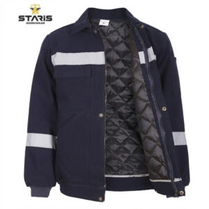 Navy work jacket with light gray reflective stripes on chest and sleeves, zip front, quilted interior, chest pocket; Staris Workwear logo.