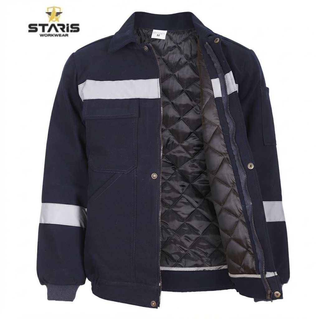 Navy work jacket with light gray reflective stripes on chest and sleeves, zip front, quilted interior, chest pocket; Staris Workwear logo.