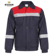 Navy blue workwear jacket with red yoke and light gray reflective stripes across chest and sleeves, two front pockets.