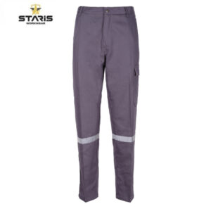 Purple work pants with reflective bands around the lower legs and a cargo pocket on the side, Staris Workwear logo in corner.