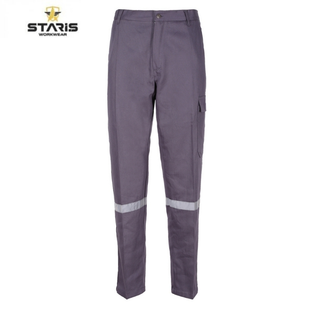 Purple work pants with reflective bands around the lower legs and a cargo pocket on the side, Staris Workwear logo in corner.