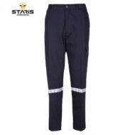 Navy work pants with a reflective silver band around the lower legs and a cargo pocket on the right thigh, Staris logo visible nearby.