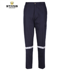 Navy work pants with a reflective silver band around the lower legs and a cargo pocket on the right thigh, Staris logo visible nearby.