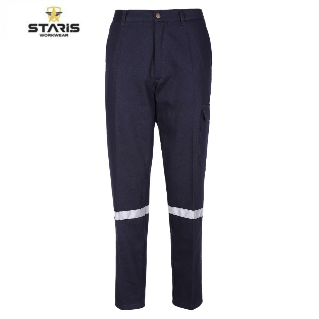 Navy work pants with a reflective silver band around the lower legs and a cargo pocket on the right thigh, Staris logo visible nearby.