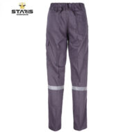 Purple work pants with elastic waistband, cargo pockets, and reflective bands around the lower legs (Staris Workwear).