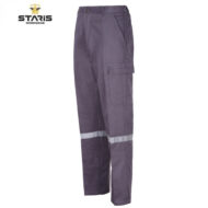 Purple cargo work pants with a large side pocket and reflective band around the lower legs.