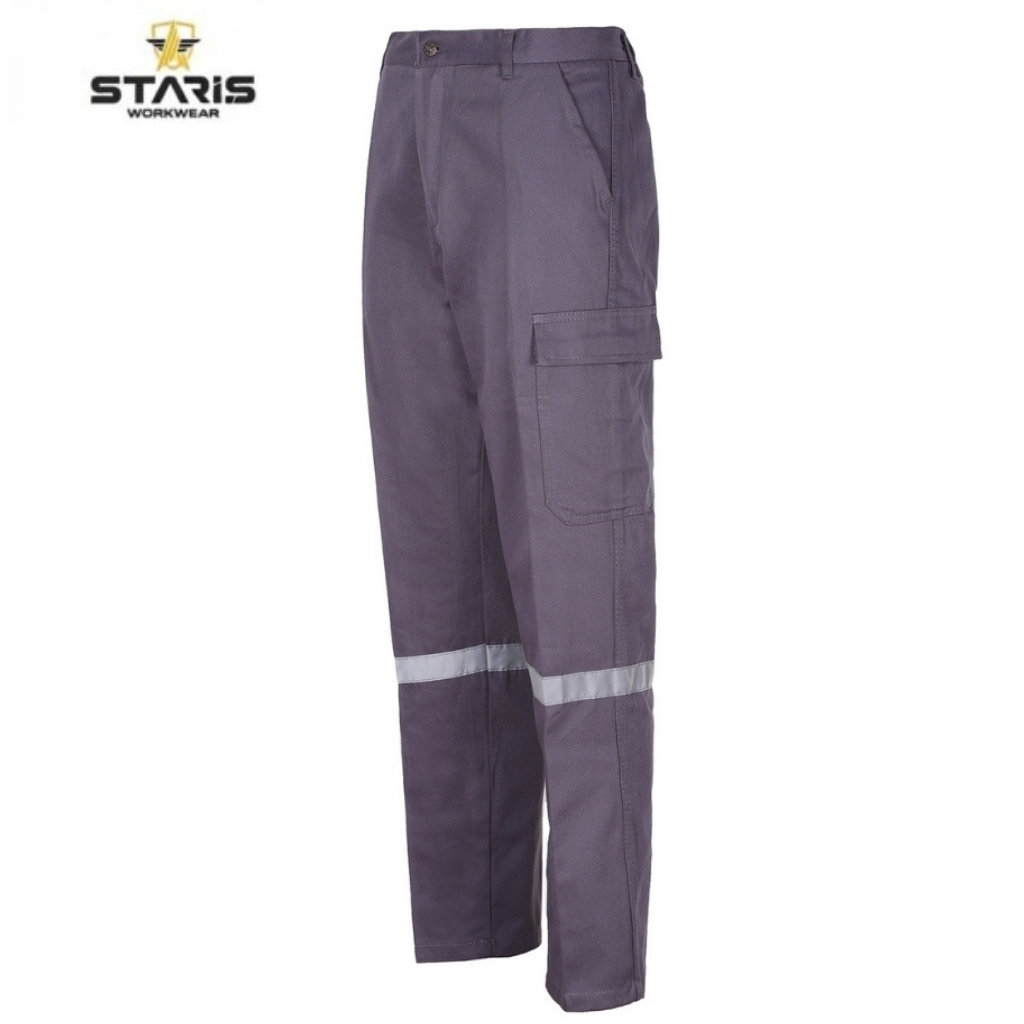 Purple cargo work pants with a large side pocket and reflective band around the lower legs.