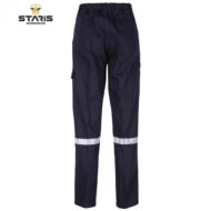 Navy workwear pants with a reflective white stripe around the lower legs, Staris Workwear logo in the corner (back view).