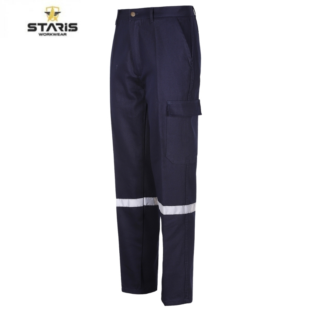 Navy work trousers with a reflective silver band around the lower legs and a cargo pocket on the right thigh.