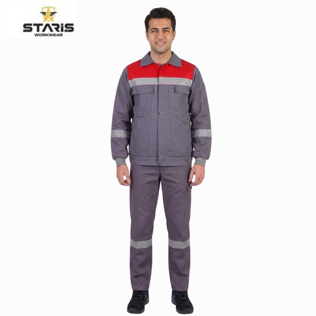 Man in gray workwear with a red chest panel and reflective gray stripes, standing in front of a white background; Staris Workwear logo in the top-left corner.