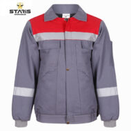 Grey work jacket with red upper chest panel, light grey stripe across the chest, and ribbed cuffs; two chest pockets and front snap buttons.