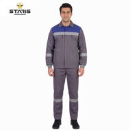 Model wearing a gray and blue workwear coverall with reflective stripes on sleeves and legs, branded 'Staris' logo top left window in image.