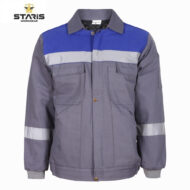 Grey and blue Staris workwear jacket with reflective stripes across chest and sleeves, front pockets, and ribbed cuffs.