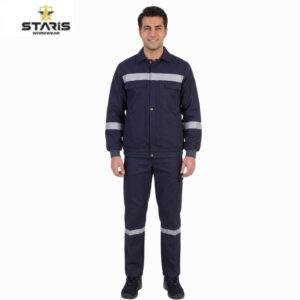 Man wearing navy blue workwear jacket and pants with reflective bands on chest, sleeves, and legs, standing against a white background.