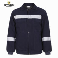 Navy work jacket with a light gray horizontal reflective stripe across the chest and sleeves, two front pockets, ribbed cuffs, and a button closure, branded Staris Workwear in the corner.