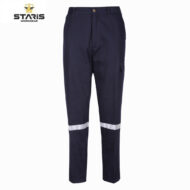 Navy work pants with reflective strip around the lower legs and a right cargo pocket.