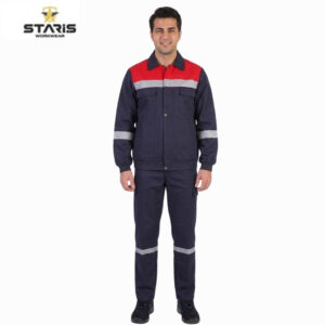 Man modeling a navy blue safety jumpsuit with a red chest panel and reflective stripes on the sleeves and legs, Staris Workwear logo visible in the top left.