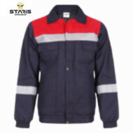 Navy blue work jacket with a red top panel, gray chest stripe, and reflective bands on the sleeves.