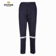 Navy work trousers with reflective stripes around the lower legs, brand Staris Workwear shown in top-left corner