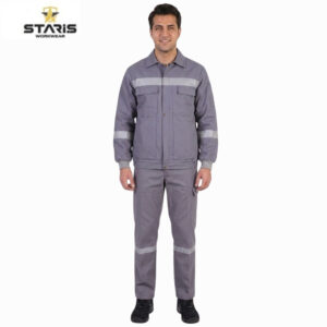 Male model wearing a grey two-piece work uniform with reflective stripes on the chest, sleeves, and legs; brand logo 'STARIS' in the top-left corner.