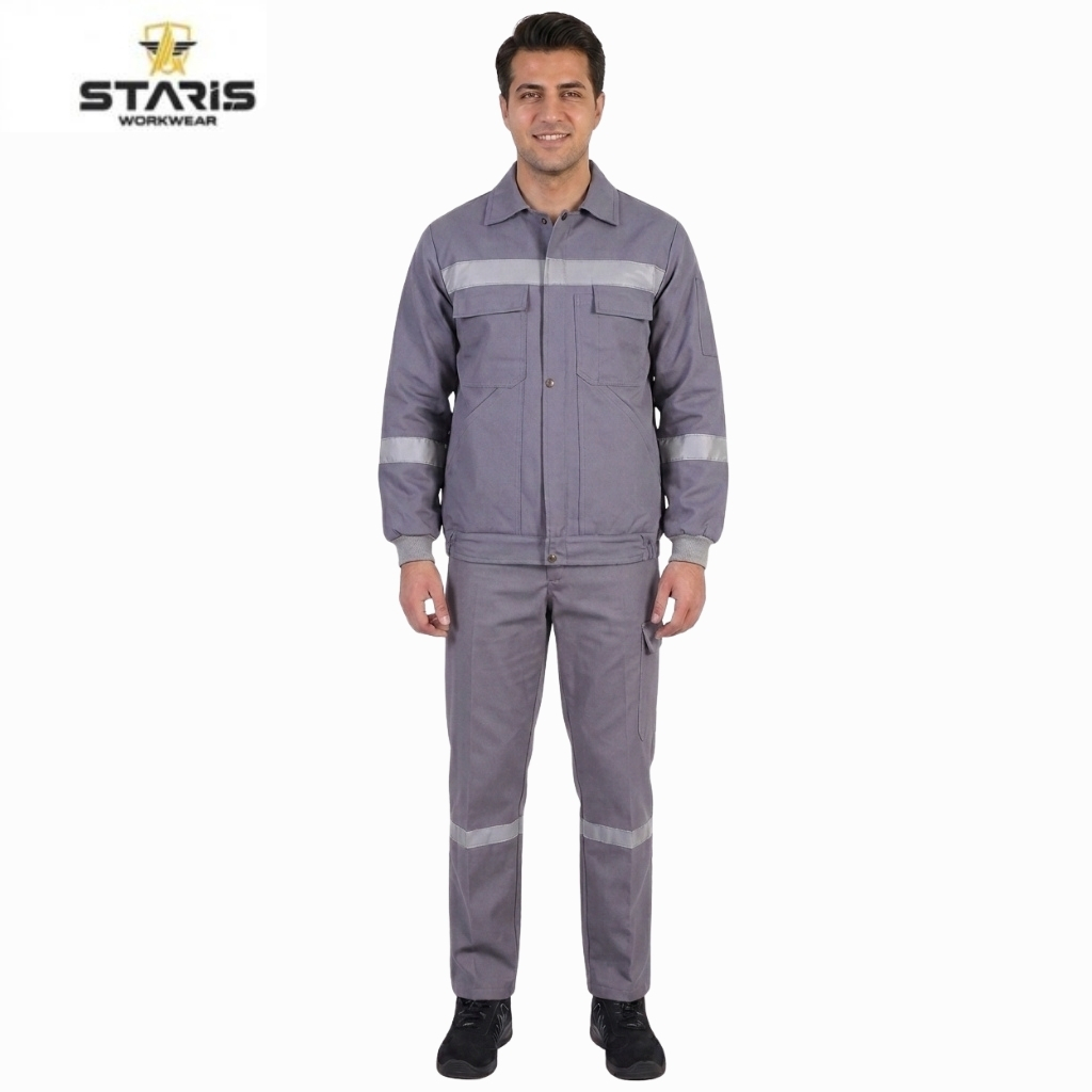 Male model wearing a grey two-piece work uniform with reflective stripes on the chest, sleeves, and legs; brand logo 'STARIS' in the top-left corner.