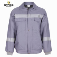 Lavender work jacket with two chest pockets, reflective stripe across chest and sleeves, ribbed cuffs and hem, front view.