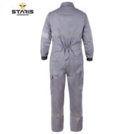 Back view of gray work jumpsuit with elastic at waist and reflective bands on sleeves and calves, Staris Workwear logo top-left