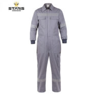 Gray one-piece work jumpsuit with front chest pockets and reflective bands on the chest and lower legs; Staris Workwear logo in the upper left corner.