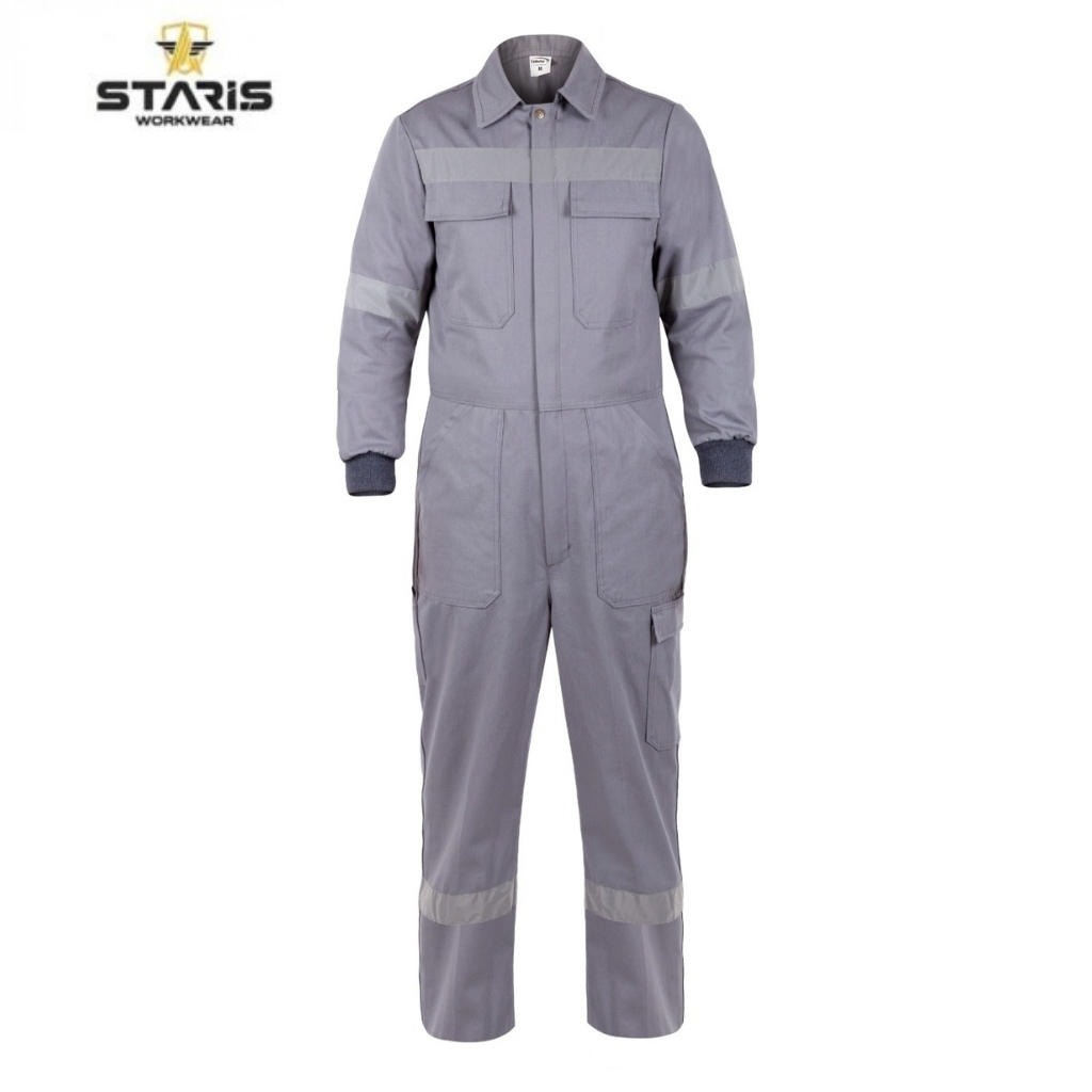 Gray one-piece work jumpsuit with front chest pockets and reflective bands on the chest and lower legs; Staris Workwear logo in the upper left corner.