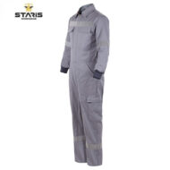 Grey work coverall with chest pockets, cargo leg pocket, reflective bands on sleeves and ankles, Staris Workwear branding.