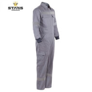 Gray work coverall with reflective bands on sleeves and legs, chest pockets, and cuffs, by Staris Workwear