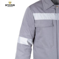 Grey work shirt with white reflective stripe across chest and sleeve; STARS Workwear logo in top-left corner.