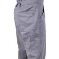 Gray cargo pants with a large rectangular thigh patch pocket and side pocket visible, elastic waistband detail nearby.