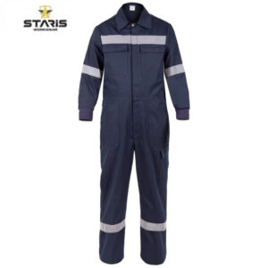 Navy blue industrial coverall with light gray reflective stripes on chest, arms, and legs, Staris Workwear logo in top-left corner.