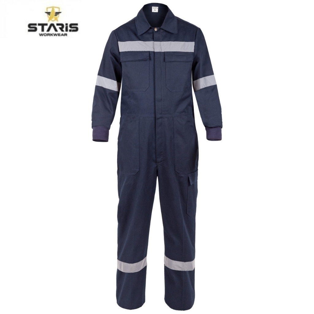 Navy blue industrial coverall with light gray reflective stripes on chest, arms, and legs, Staris Workwear logo in top-left corner.