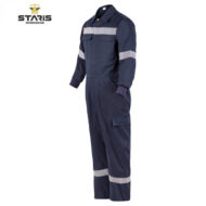 Navy blue work jumpsuit with light gray reflective stripes across chest, arms, and legs; two chest pockets and a leg cargo pocket.