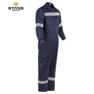 Navy blue work coverall with reflective stripes on chest, arms, and lower legs, plus chest and cargo pockets.