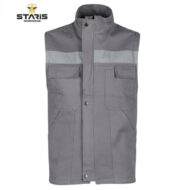 Grey sleeveless work vest with a light reflective stripe across the chest and two chest pockets in front.