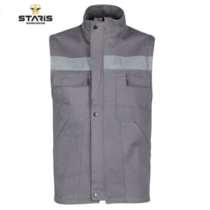 Grey sleeveless work vest with a light reflective stripe across the chest and two chest pockets in front.
