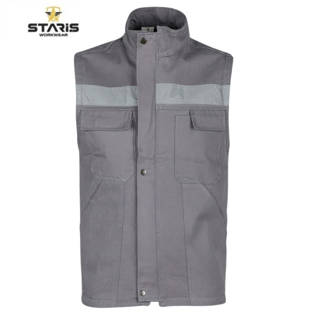 Grey sleeveless work vest with a light reflective stripe across the chest and two chest pockets in front.