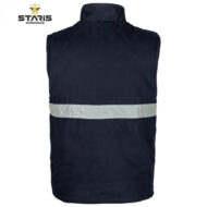 Back view of a navy sleeveless work vest with a reflective silver stripe around the middle, STARIS Workwear logo in the corner.