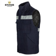 Navy blue sleeveless work vest with reflective stripe across the chest, large front pocket, and quilted black lining, branded Staris Workwear.