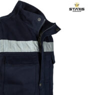 Navy work jacket with a silver reflective stripe across the chest, front zipper, and cargo pockets; Staris Workwear logo in the corner.