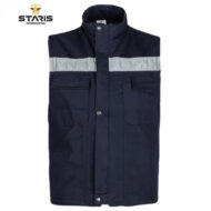 Navy blue sleeveless work vest with a light gray reflective stripe across the chest and two front pockets, by Staris Workwear.