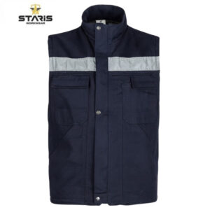 Navy blue sleeveless work vest with a light gray reflective stripe across the chest and two front pockets, by Staris Workwear.