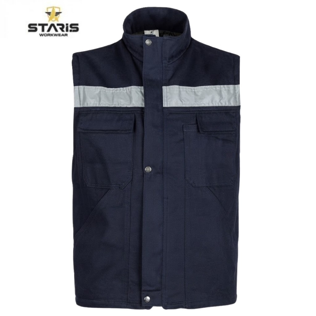 Navy blue sleeveless work vest with a light gray reflective stripe across the chest and two front pockets, by Staris Workwear.