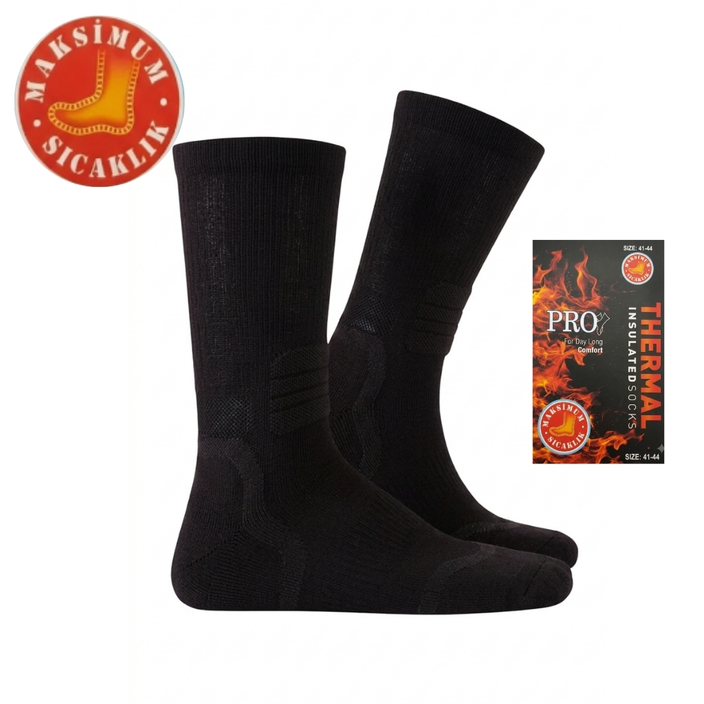 Pair of black thermal socks displayed with product packaging showing 'THERMAL INSOLATED SOCKS' and a red 'Maksimum Sıcaklık' badge