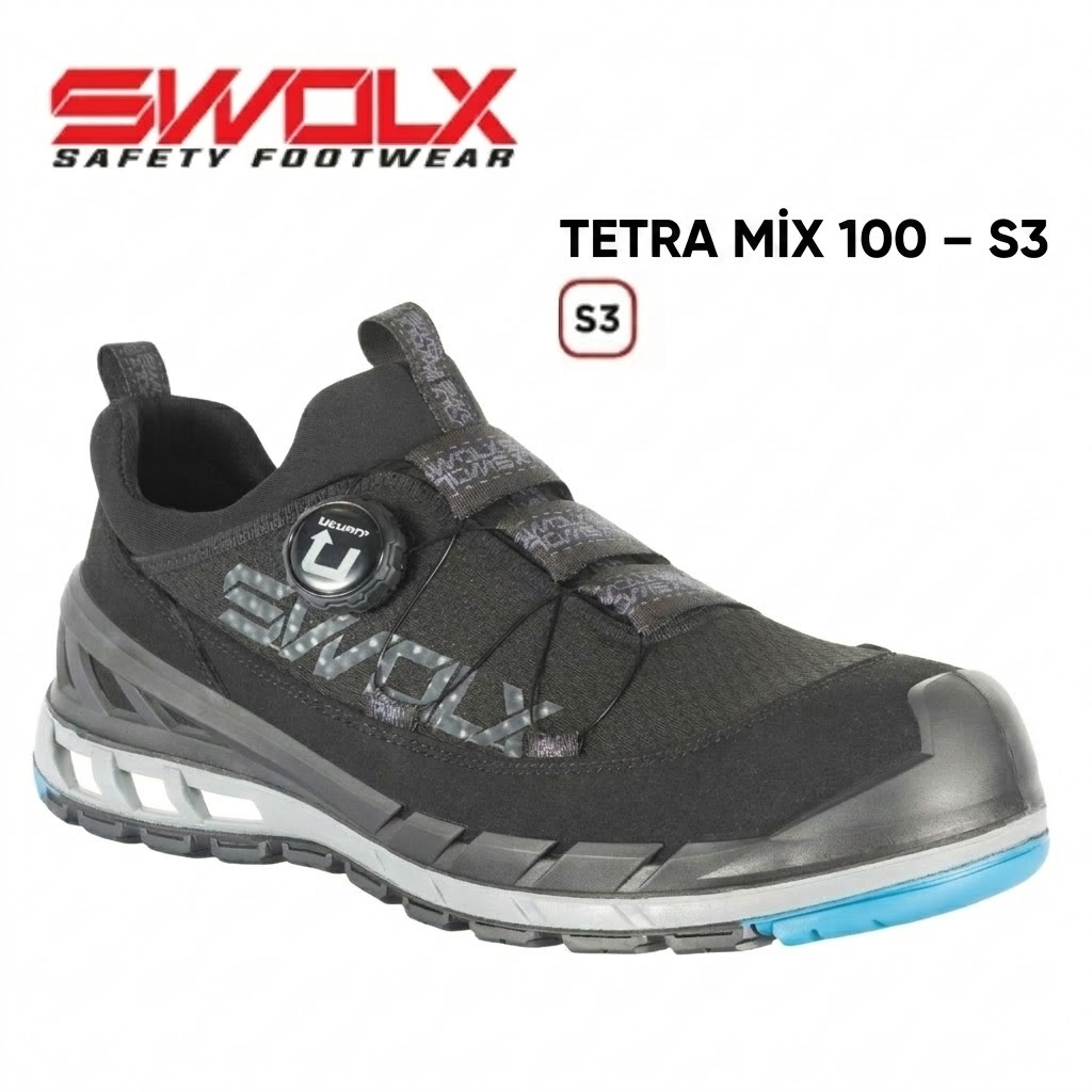 SWALX Tetra Mix 100 S3 safety shoe, black/gray with blue sole, with dial closure for quick fitting