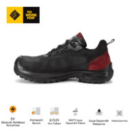 Black safety shoe with red heel panel; features electrical hazard protection, composite toe, Q-FLEX midsole, heat- and water-resistant materials.